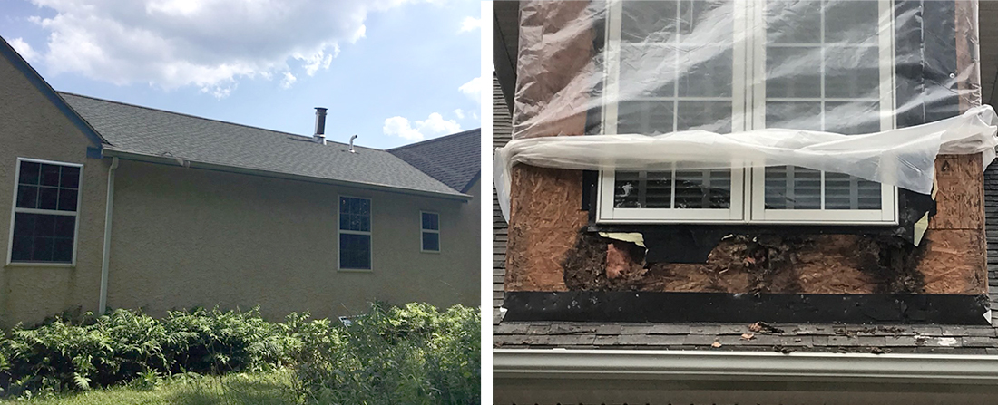 Two photos showing stucco siding before and after tear down with leak damage near window